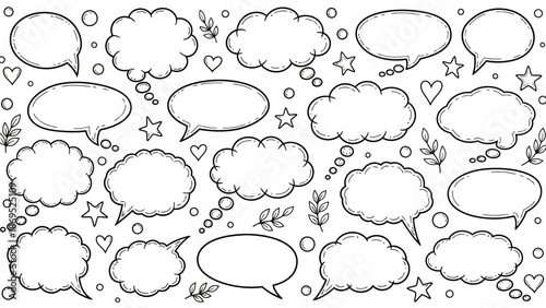 Hand drawn speech bubbles and thought bubbles in a doodle style illustration 