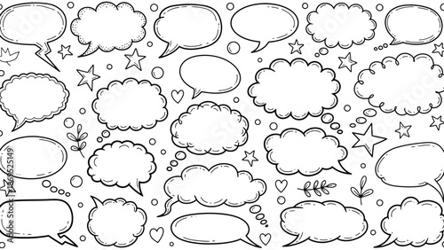 Hand drawn speech bubbles and thought bubbles in a doodle style illustration 