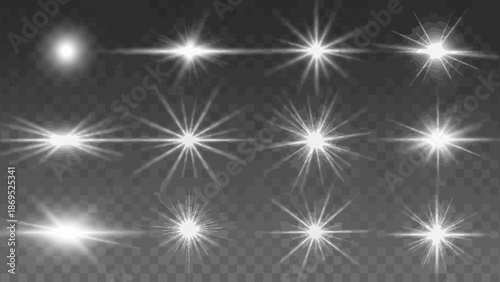 Collection of white lens flare effects on a transparent background for overlays 