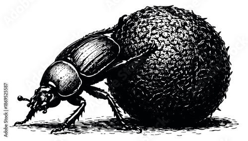 Line art illustration of a dung beetle depicting it pushing a large dung ball for concepts of perseverance