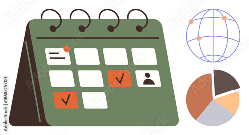Time management, planning tools, global communication, project workflows, scheduling, data analysis. Table calendar with checkmarks, person icon pie chart and globe. Time management and planning