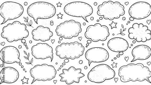 Hand drawn speech bubbles and thought bubbles in a doodle style illustration 