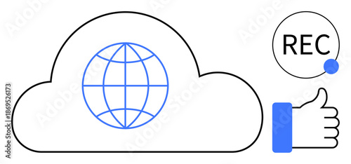 Cloud connectivity. Cloud connectivity symbol with a globe for global network, a recording icon for digital recording, and thumbs-up for approval. Great for technology, networking, approval systems