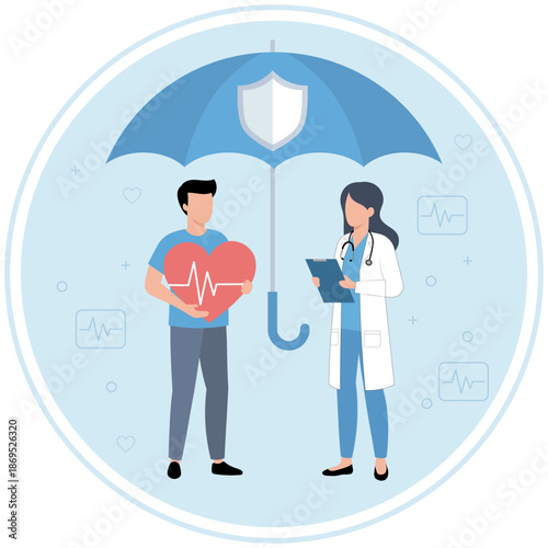 Illustration of a doctor and a person holding a heart under a protective medical umbrella, representing health insurance, healthcare services