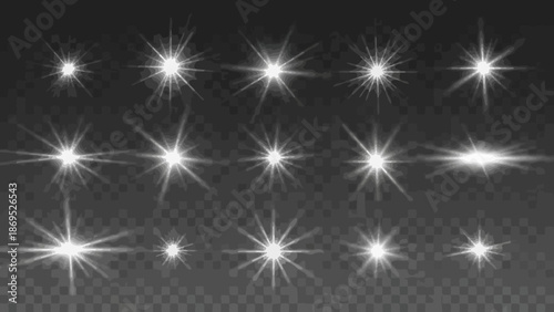 Collection of white lens flare effects on a transparent background for overlays 