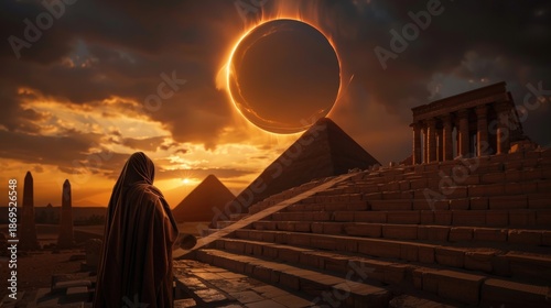 A lone silhouette contemplates the beauty of a solar eclipse as it hovers over the Great Pyramids of Giza, symbolizing the intersection of humanity and the cosmos.