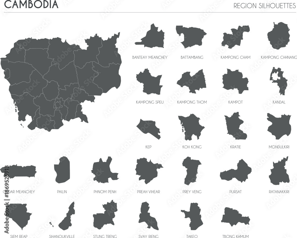 Αυτοκόλλητο Cambodia region silhouettes set and blank map of the country isolated on white background