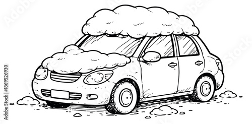 Hand drawn line art illustration of a car depicting being covered in snow for winter weather