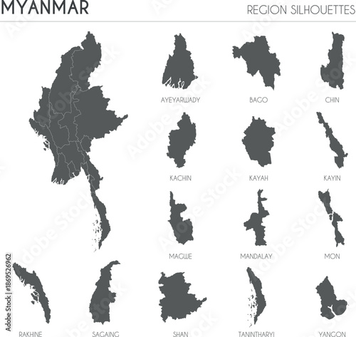 Myanmar region silhouettes set and blank map of the country isolated on white background. Vector illustration design