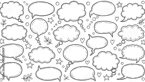 Hand drawn speech bubbles and thought bubbles in a doodle style illustration 