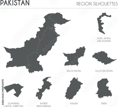 Pakistan region silhouettes set and blank map of the country isolated on white background. Vector illustration design