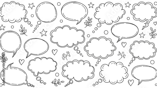 Hand drawn speech bubbles and thought bubbles in a doodle style illustration 