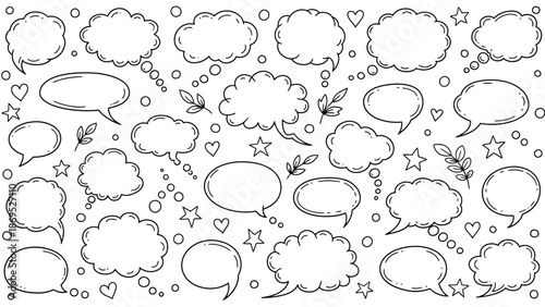 Hand drawn speech bubbles and thought bubbles in a doodle style illustration 
