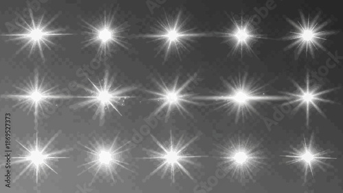 Collection of white lens flare effects on a transparent background for overlays 