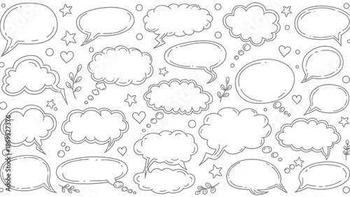 Hand drawn speech bubbles and thought bubbles in a doodle style illustration 