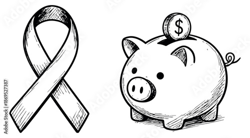 Hand drawn line art set featuring an awareness ribbon and a piggy bank with a dollar coin for financial and charitable concepts
