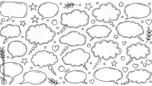 Hand drawn speech bubbles and thought bubbles in a doodle style illustration 