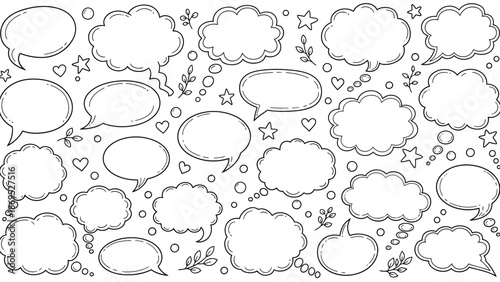 Hand drawn speech bubbles and thought bubbles in a doodle style illustration 