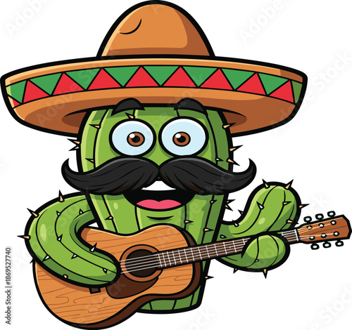 Happy Cartoon Cactus Mascot Wearing Sombrero Hat and Playing Guitar, Mexican Mariachi Character for Fiesta Party and Cinco De Mayo Decoration