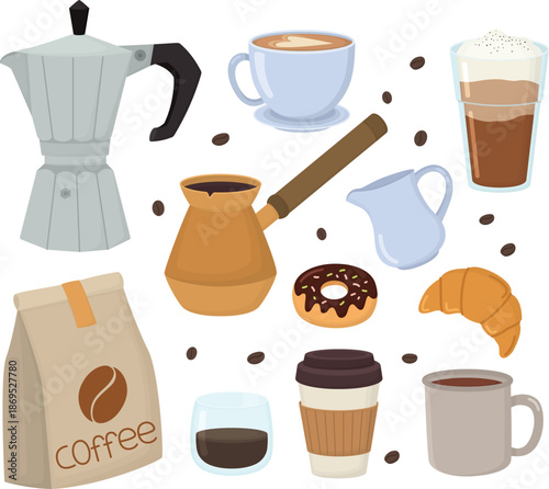 Set with coffee makers, drinks and sweets. Moka pot, cezve, takeaway cup, espresso glass, coffee bean package, donut, latte, milk jug and croissant