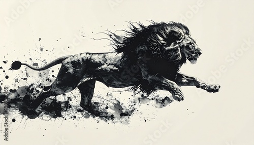 A vibrant ink painting of a lion drawn with a brush　筆で描いた躍動するライオンの墨絵