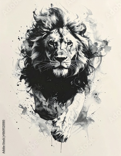A vibrant ink painting of a lion drawn with a brush　筆で描いた躍動するライオンの墨絵