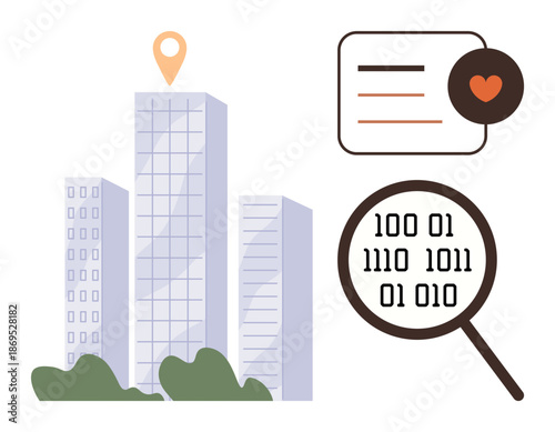 Data analysis, location services, smart cities, digital technology, navigation systems, online communication. Buildings with a map pin, binary code under magnification. Data analysis and location