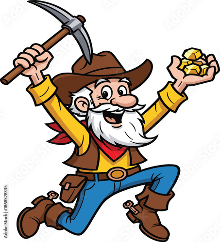 Happy Cartoon Gold Miner Prospector Mascot Character Holding Pickaxe and Gold Nuggets Wearing Cowboy Hat for Mining and Treasure Design