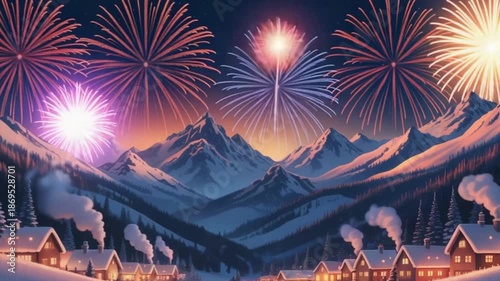 Vibrant New Year's Eve Fireworks Illuminating Snowy Mountain Village Landscape Digital Art Illustration... 4k hd video download