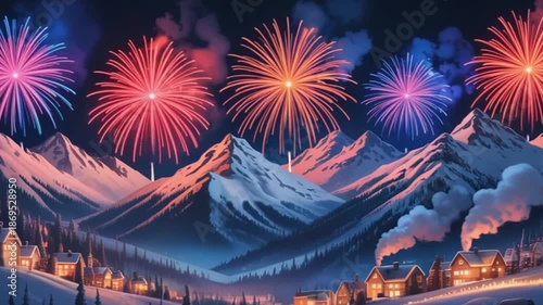 Vibrant Winter Wonderland Scene with Fireworks Exploding over Snowy Mountains and Cozy Village Houses at Night 4k hd video download