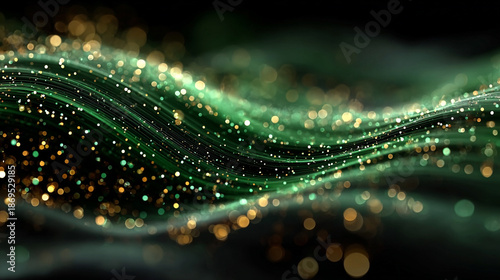 Abstract green and gold light waves with glowing particles background