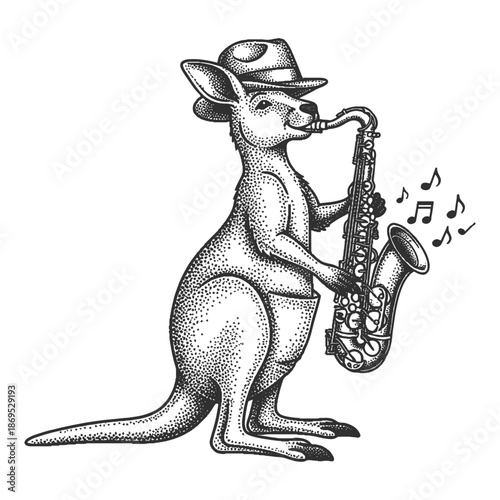 kangaroo wearing hat playing a saxophone, vintage halftone illustration