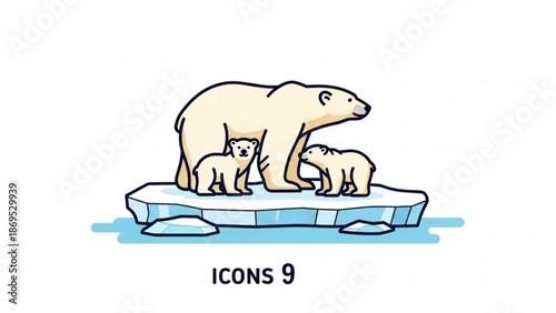 Polar Bear and Cubs on Iceberg in Arctic Ocean, Cartoon Style