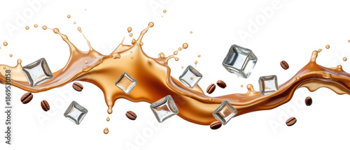 Creamy coffee splash with ice cubes and coffee beans creates refreshing scene