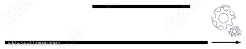 Automation, workflow management, productivity, process optimization, mechanical systems, industry. Horizontal lines with gear symbols and directional arrow. Automation and workflow management concept
