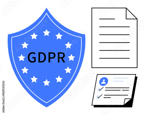 Blue shield with GDPR text, stars, document, and checklist symbolize data protection, compliance. Ideal for privacy, security, regulation, legal documentation business policy simple flat metaphor