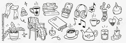 Hand drawn doodle icon set with cozy home objects, music elements, warm drinks, books, chairs and plants. Ideal for lifestyle design, home atmosphere illustrations, comfort themes, relaxation.