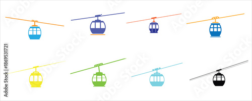 Colorful cable car and gondola icon collection on white background