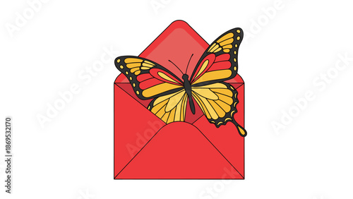 A vibrant butterfly emerges from a red envelope 1, Generative AI.