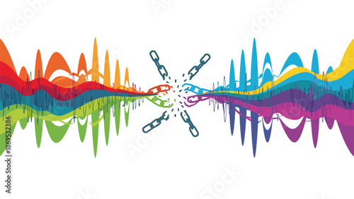 Abstract colorful sound wave with broken chain links in the center, Generative AI.