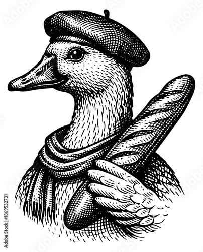 Hand drawn line art illustration of a duck depicting a French character in a beret holding a baguette for a travel or food concept