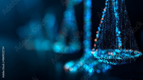 An abstract digital justice concept with glowing scales made of binary code on a dark background, symbolizing law, balance, ethics, cybersecurity, AI, and data protection in the digital age