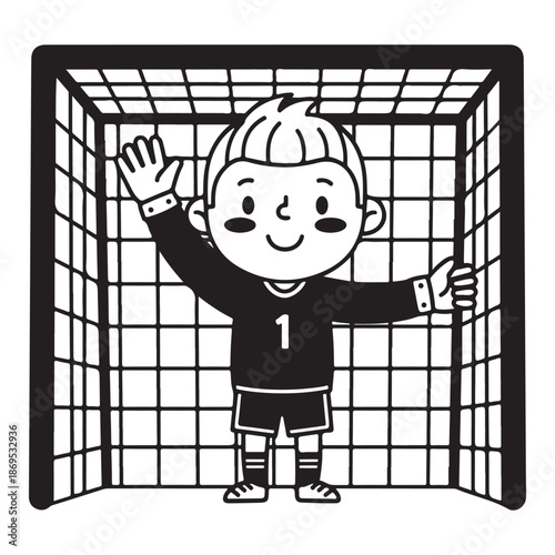 Cheerful Cartoon Child Goalkeeper Standing in a Soccer Goal Net
