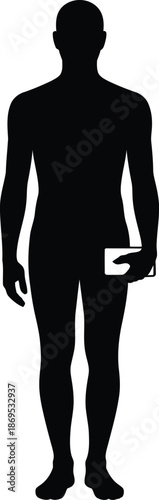 Full body silhouette of a man standing and holding a smartphone in his right hand male person