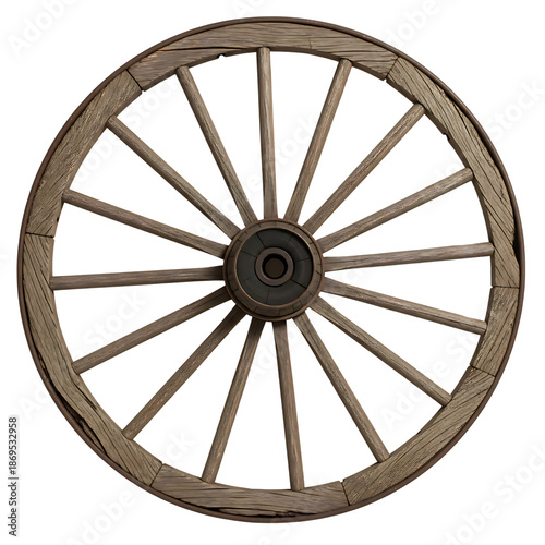 Wooden wagon wheel on checkered background