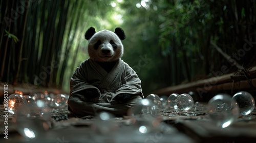 A meditative panda dressed in a traditional robe sits among crystals in a serene bamboo forest, signaling a blend of nature, tranquility, and whimsical elements of character.