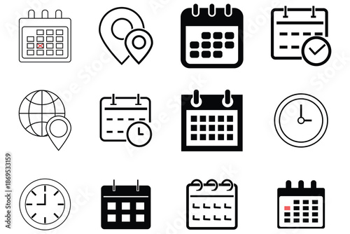 Calendar icons set vector illustration. Date, time, location, address and notification icon. Time, date and address icons set. Calendar, Clock, location pin, icon set. vector illustration.