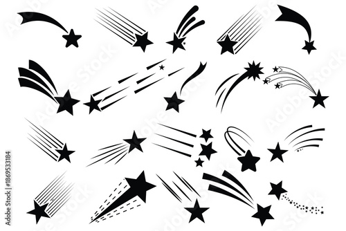 Icon of a shooting star. Falling star icon. A set of silhouettes displays shooting stars in various forms, offering simple yet dynamic designs.