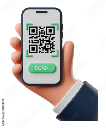 3D Illustration of a Hand Holding Smartphone with QR Code