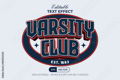 Varsity Club Text Effect 3D Sport Theme. Editable Text Effect.